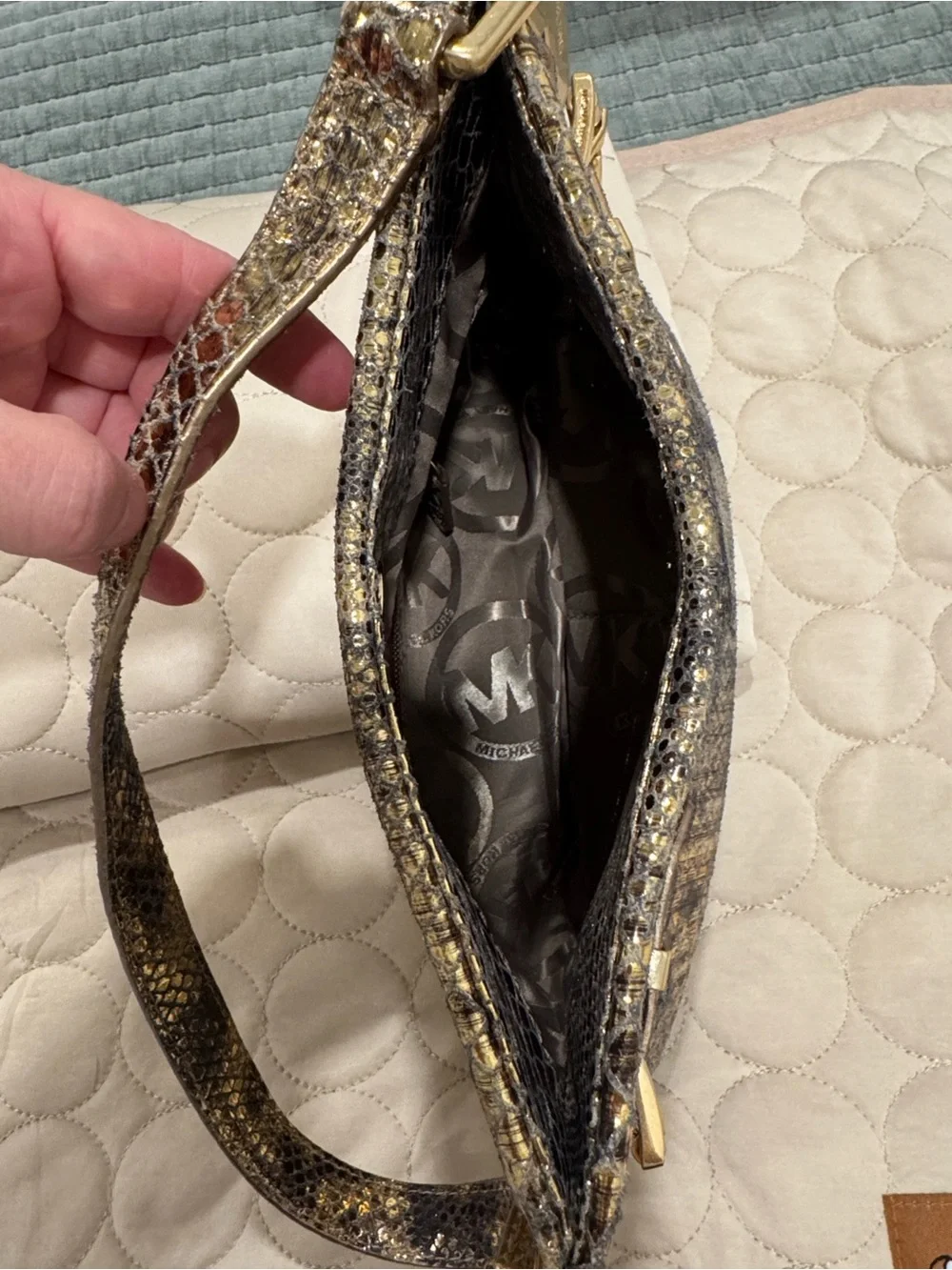 Gold Snake-Print Shoulder Bag with Metallic Hardware